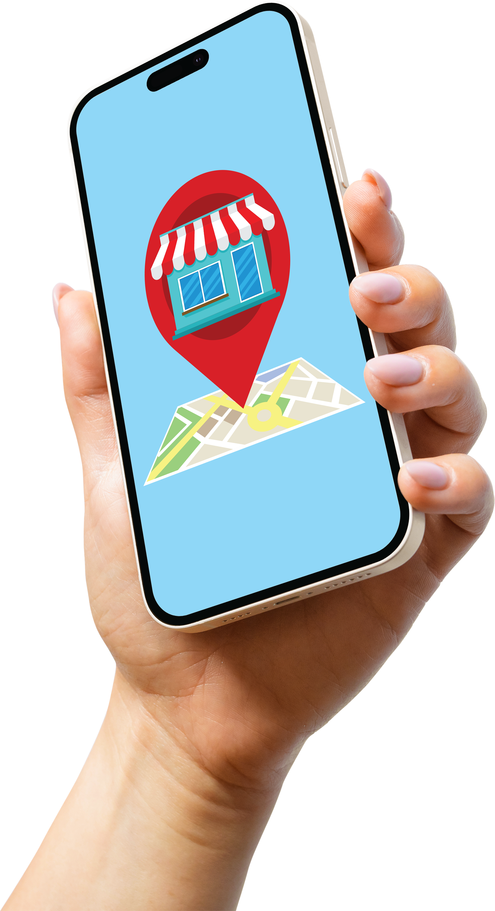 A hand is holding a cell phone with a map on the screen.